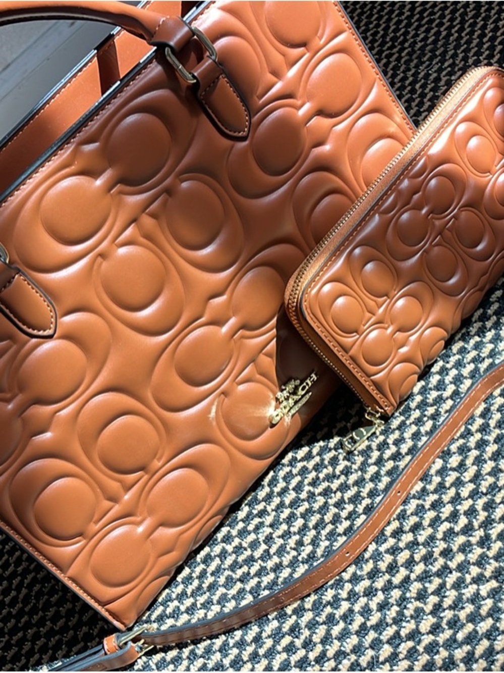 Coach Embossed Cognac Leather Tote with Matching Zip Wallet